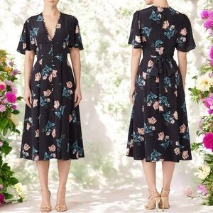 Nicholas Black and Floral Printed V-Neck A-Line‎ Summer Belted Dress Size XXS